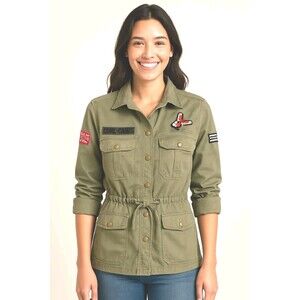 Vintage Jennyfer 100% Cotton Green Button Up Military Jacket Embroider Sz Small